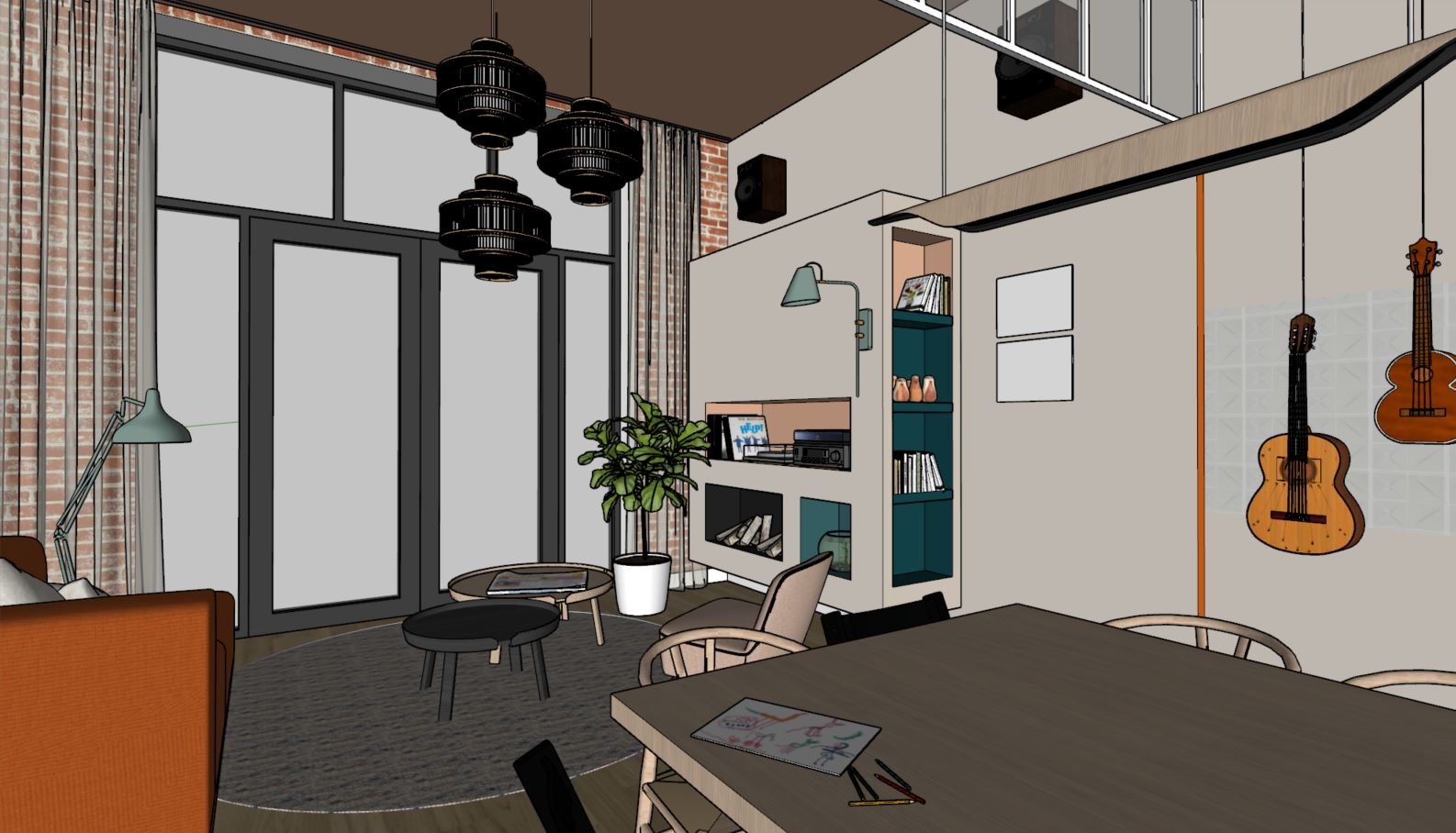 3D interieurontwerp voor een woonkamer in een nieuwbouwwoning op Enka in Ede