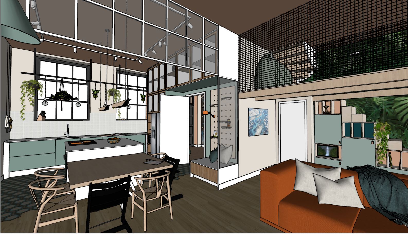 3D interieurontwerp, indelingsontwerp, keukenontwerp en heel veel maatwerk voor een nieuwbouwwoning op Enka in Ede