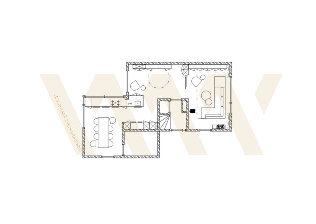 Interieuradvies plattegrond indeling verbouwing en verplaatsing keuken voor 2 onder 1 kap woning Warnsveld